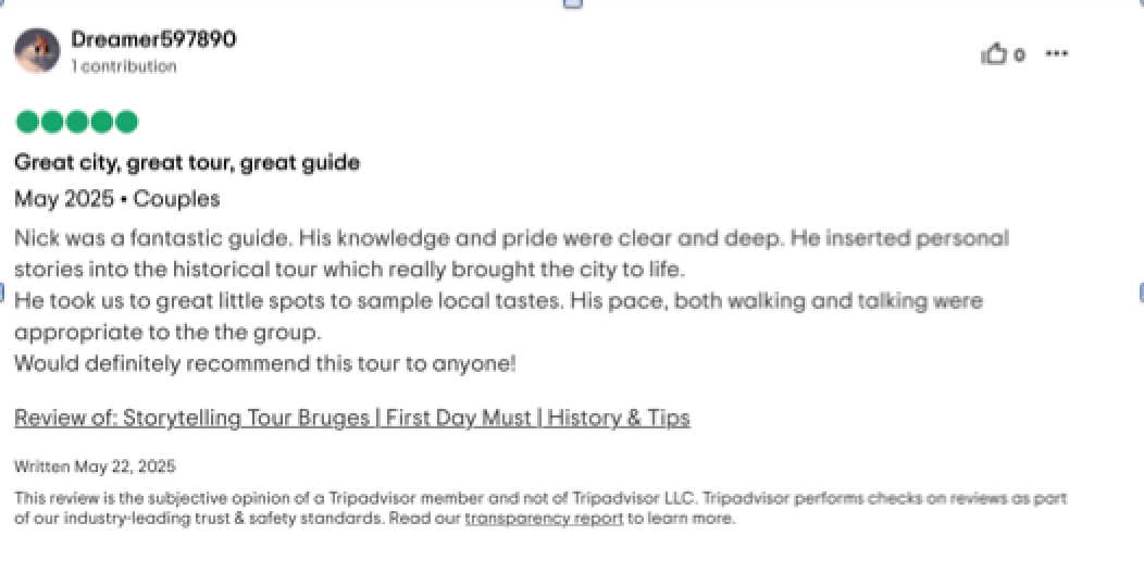 Nick was a fantastic guide. His knowledge and pride were clear and deep. He inserted personal stories into the historical tour which really brought the city to life.
He took us to great little spots to sample local tastes. His pace, both walking and talking were appropriate to the group.
Would definitely recommend this tour to anyone!