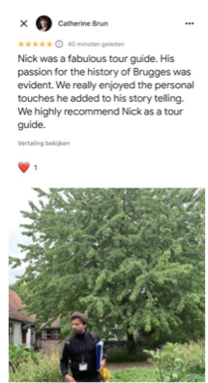 Nick was a fabulous tour guide. His passion for the history of Brugges was evident. We really enjoyed the personal touches he added to his storytelling. We highly recommend Nick as a tour guide.